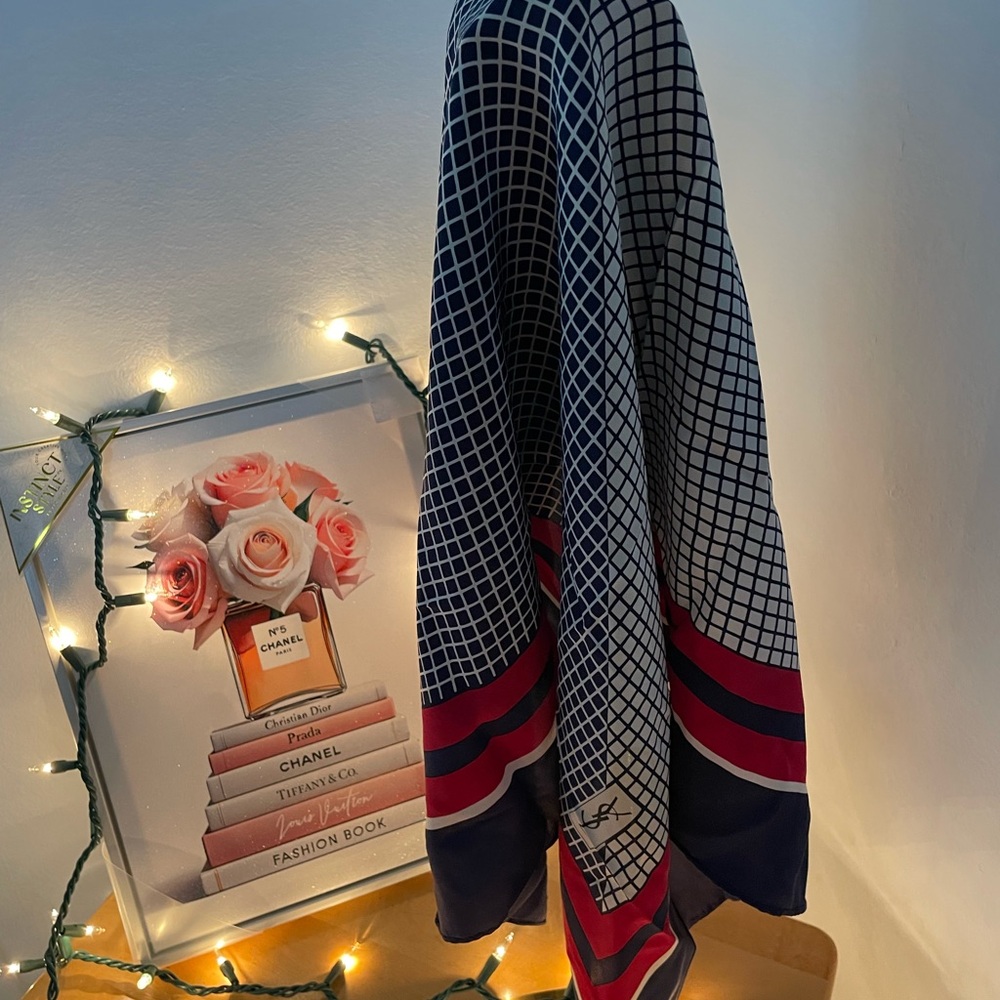 Yves Saint Laurent Red and Navy Geometric Scarf - Picture 4 of 8